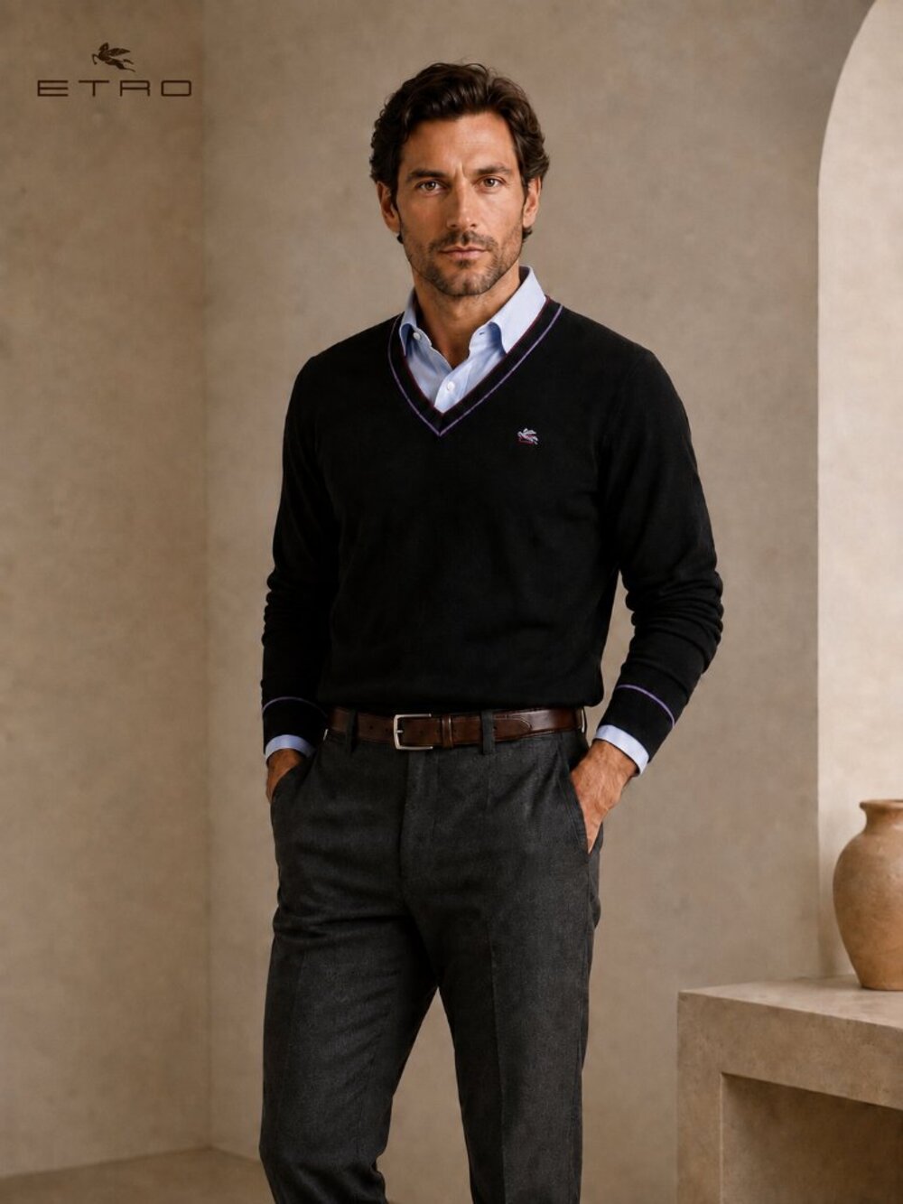 Etro Men's V-Neck Wool Sweater in Black with Contrast Trim NWT Size L